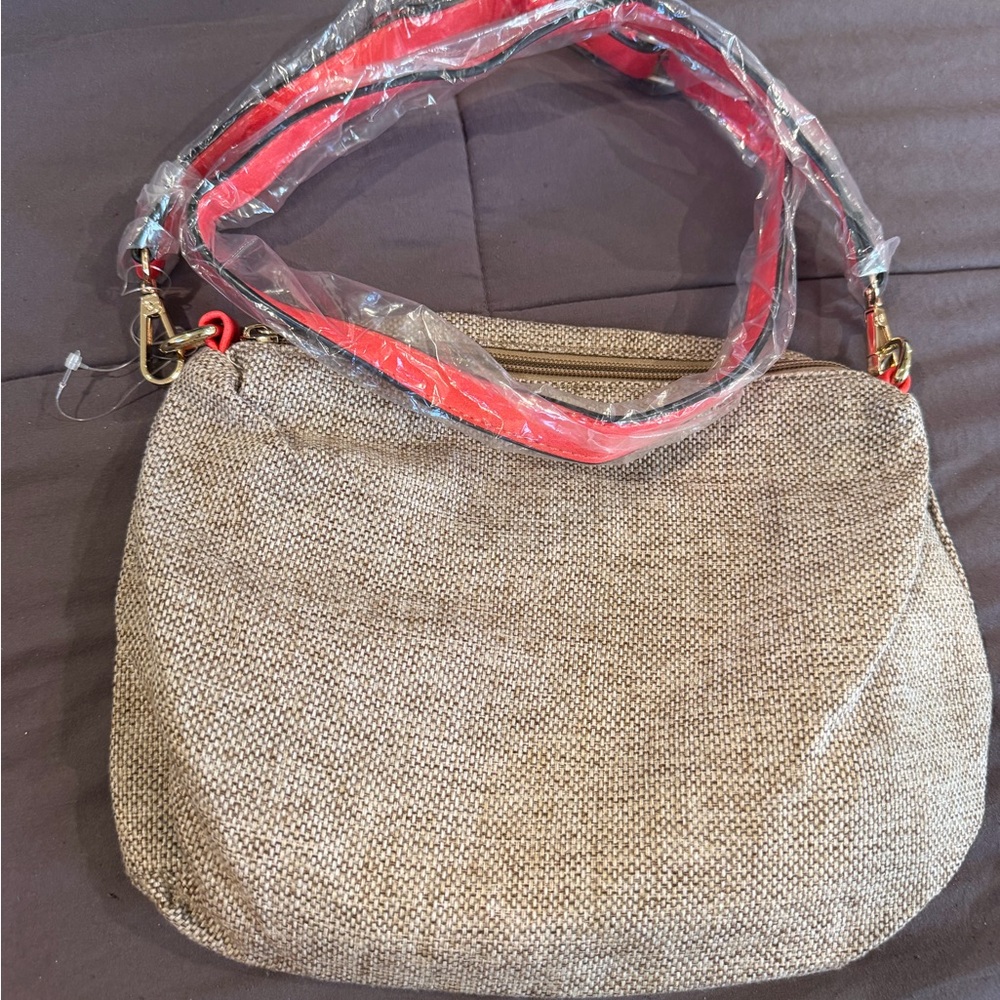 NWT Neutral Beige Woven Crossbody Bag with salmon color Accent Strap